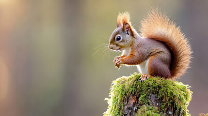 Fototapeta premium Fluffy red squirrel sitting on a mossy tree stump with a soft, blurred background. Perfect for wildlife photography, autumn themes, or nature-related content. Selective focus