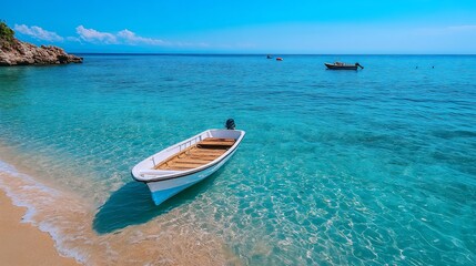 Naklejka premium Serene Caribbean cove with clear water and an anchored boat