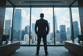 Fototapeta premium A businessman in an executive office gazes at the city skyline, symbolizing ambition, leadership, and success.
