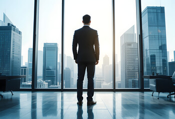 A businessman in an executive office gazes at the city skyline, symbolizing ambition, leadership, and success.