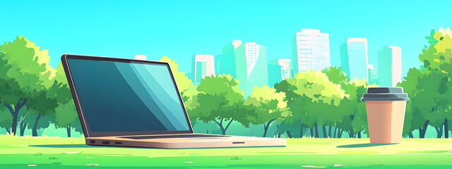 A laptop and coffee cup on a table in a park, a cartoon-style
