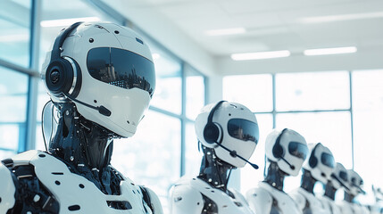 a robot call center agent wearing a headset with microphone with other robot call center agents in the background