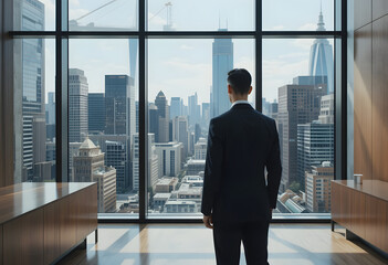 A businessman in an executive office gazes at the city skyline, symbolizing ambition, leadership, and success.