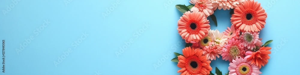 Poster a creative display of flowers forming the shape of the number 8 on a blue background