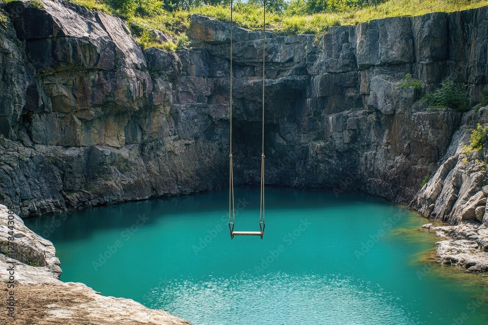 Poster a swing hangs precariously from the edge of a cliff overlooking a serene lake