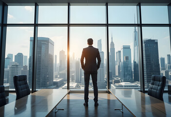 Fototapeta premium A businessman in an executive office gazes at the city skyline, symbolizing ambition, leadership, and success.