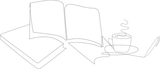 Open books, a pen, and a coffee cup