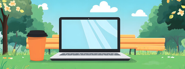 A laptop and coffee cup on a table in a park, a cartoon-style
