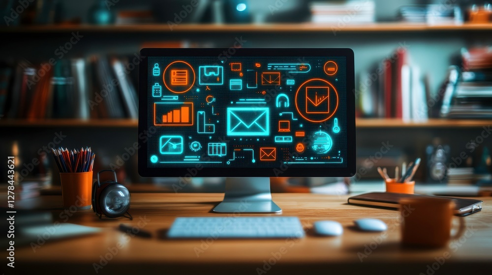 Poster a computer screen displaying digital communication icons and analytics, set against a cozy workspace