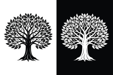 Tree Silhouette Vector Icon Black And White Background.