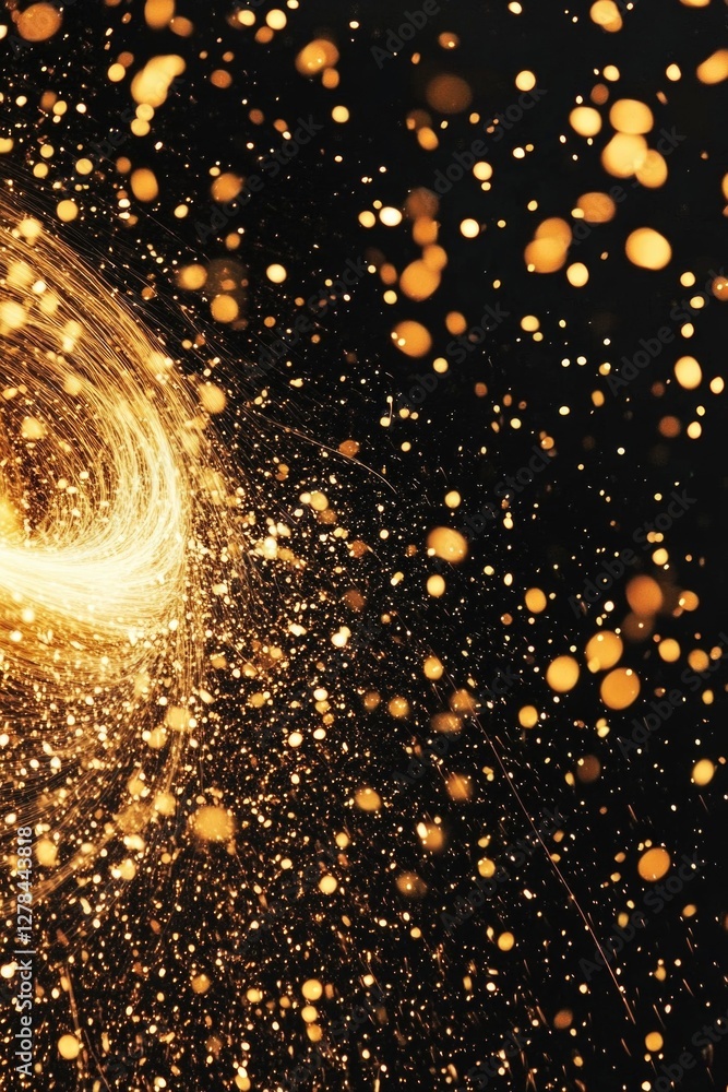 Poster a close-up view of a black hole in the sky, with swirling clouds and stars in the background