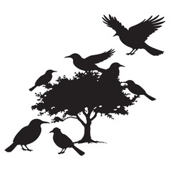 Black Birds & Tree Icon set Vector silhouette Isolated and White Background