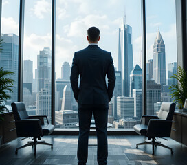 A businessman in an executive office gazes at the city skyline, symbolizing ambition, leadership, and success.