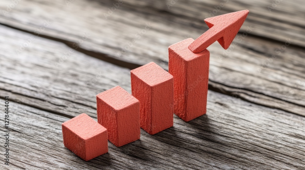 Aufkleber wooden blocks representing growth on a rustic table with an upward arrow indicating progress