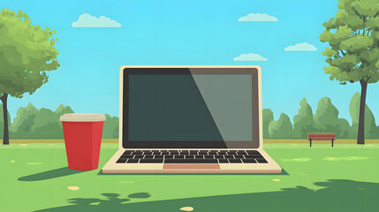 A laptop and coffee cup on a table in a park, a cartoon-style
