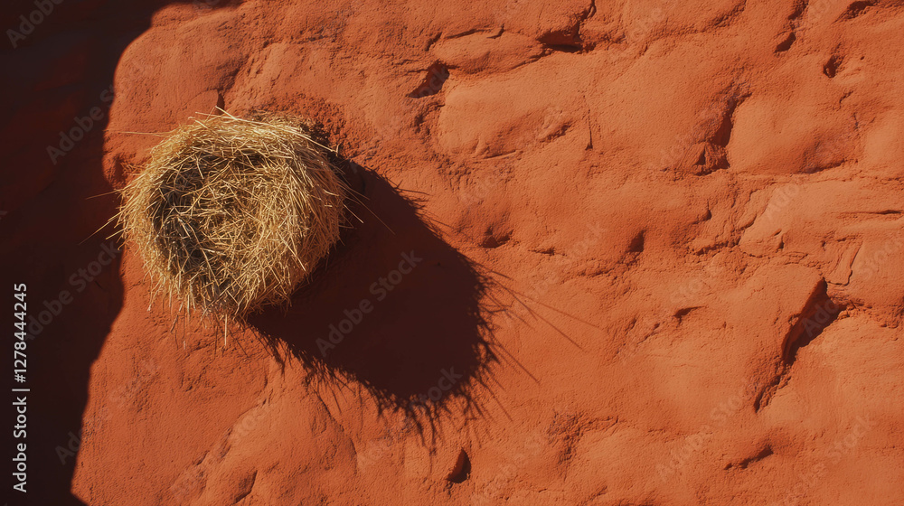 Poster adobe clay wall with rough texture and straw nest for rustic decor