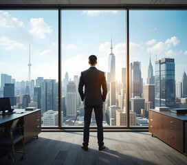 Fototapeta premium A businessman in an executive office gazes at the city skyline, symbolizing ambition, leadership, and success.