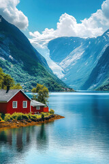 Hardangerfjord in south western Norway in the summer. A red, Norwegian house situated on a small island in the fjord. In the distance the Folgefonna glacier. Photo was taken near the village of Omastr