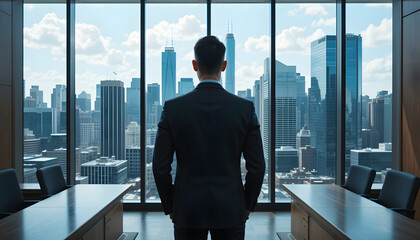 A businessman in an executive office gazes at the city skyline, symbolizing ambition, leadership, and success.