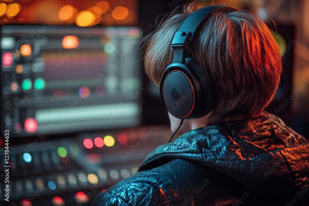 Poster person mixing music in a studio with colorful lights and sound mixers during late evening hours