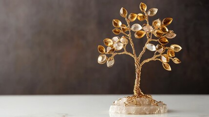 An elegant lucky tree with delicate gold wire branches and polished gemstone leaves on a white surface.