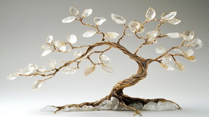 An elegant lucky tree with delicate gold wire branches and polished gemstone leaves on a white surface.