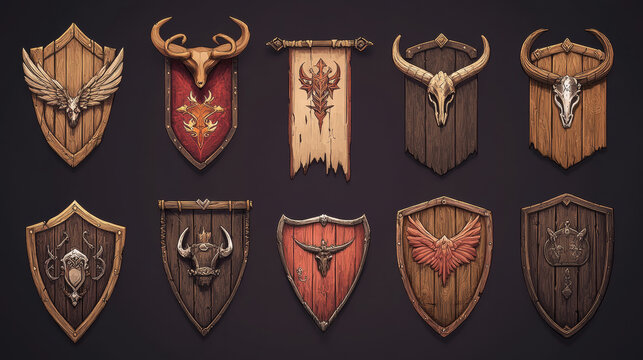 Game avatar frames, level ui icons, wooden shields or banners animal shapes with wings and horns. Isolated 2d graphic elements, reward, trophy achievement and prize for rpg design, Cartoon vector set