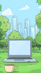 A laptop and coffee cup on a table in a park, a cartoon-style
