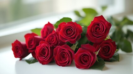 Auspicious red roses elegantly placed on a white surface, representing love, luck, and good fortune.