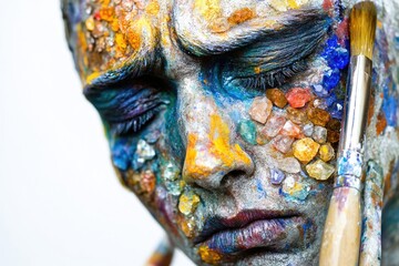 Naklejka premium Close-up shot of a person with colorful paint on their face, possibly for a costume or artistic purpose
