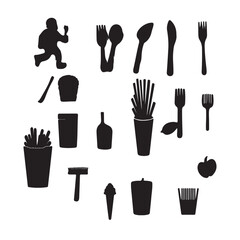 Black Food & Spun item Icon set Vector silhouette Isolated and White Background