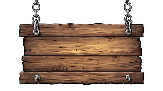 Cartoon set of wooden sign boards isolated on white background. Vector illustration of vintage brown frames hanging on iron chains. Blank template of saloon, bar or pub nameplate with wood texture