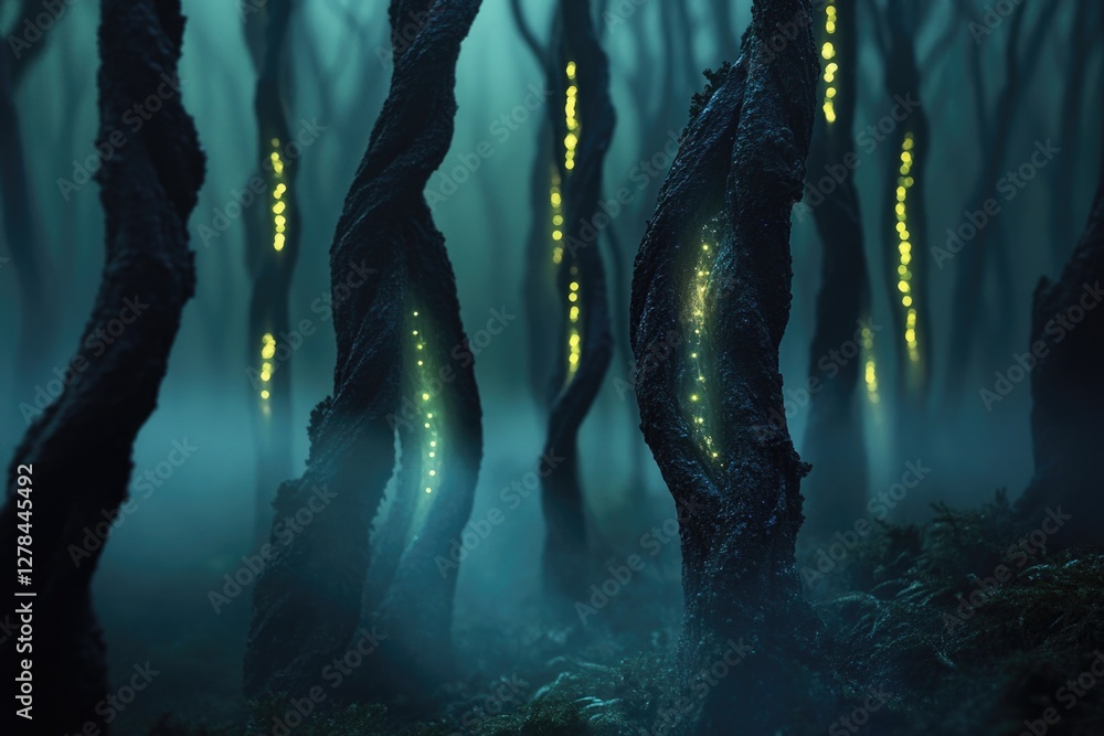 Poster a cluster of deciduous and evergreen trees standing together in a dense forest