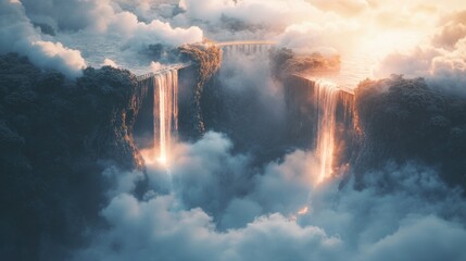 Fototapeta premium A scenic waterfall with a bridge crossing over it, perfect for use in travel or nature photography