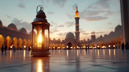 Fototapeta premium Lantern glowing at sunset in a grand mosque courtyard with people gathered
