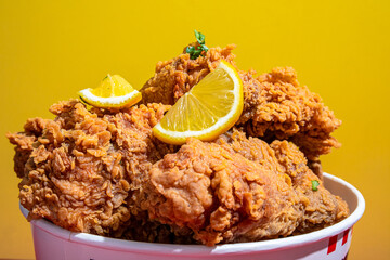 A bucket filled with crispy golden fried chicken pieces garnished with fresh lemon slices and parsley, set against a vibrant yellow background. The crunchy texture 