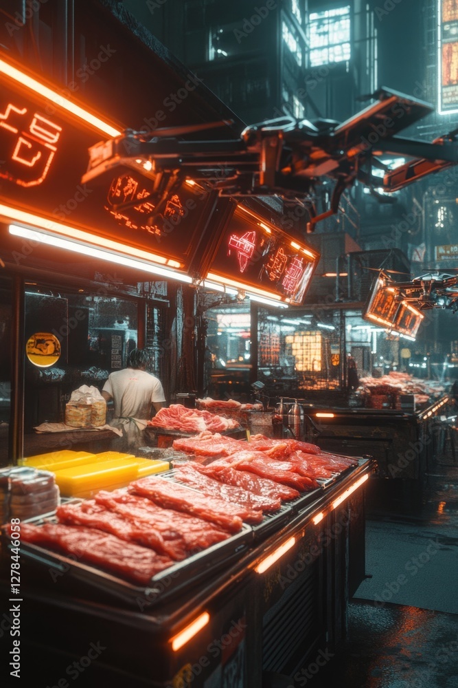 Poster a person standing behind a counter with various types of meat displayed
