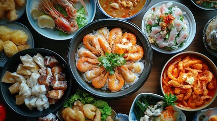 Aromatic Seafood Feast: Diverse Dishes of Shrimp, Rice, and More