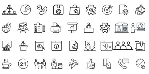 Set of thin line icons related to team, teamwork, co-workers, and cooperation.. Linear business simple symbol collection. Business training and office collection. Big UI icon set. Thin outline pack.