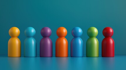 Colorful wooden figurines lined up against a teal background, showcasing a playful and vibrant arrangement that represents diversity and creativity.