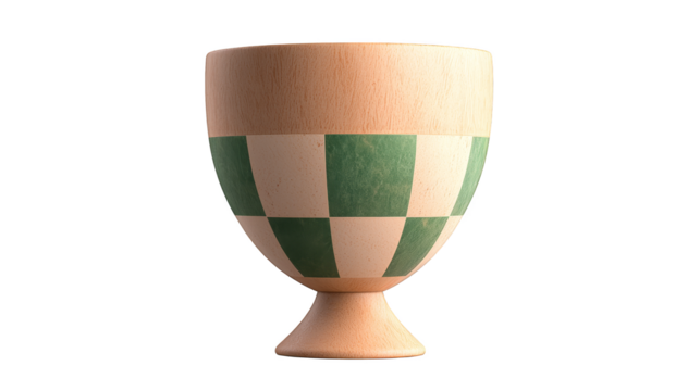 Rustic wooden cup with green and white checkered pattern, a charming tableware addition