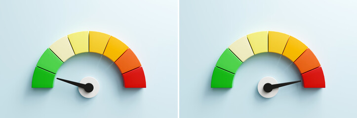 arrow point scale speed low status green speedometer icon Performance, pointer rating risk levels, meter, tachometer on blue background. 3d render

