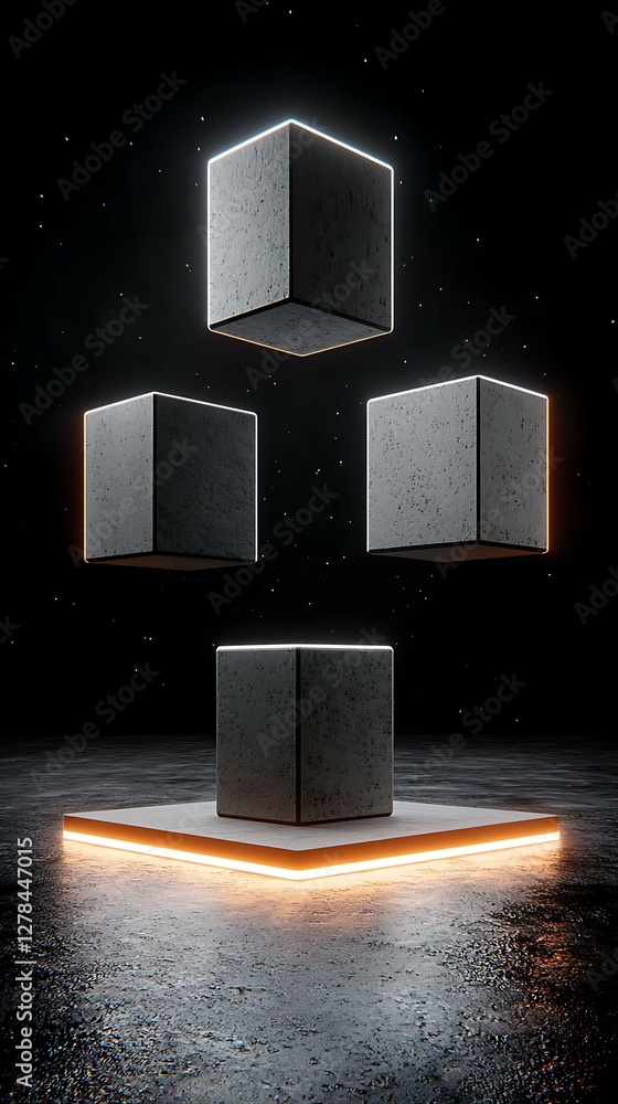 Aufkleber floating geometric cubes illuminated by neon light against a dark background, creating a futuristic 