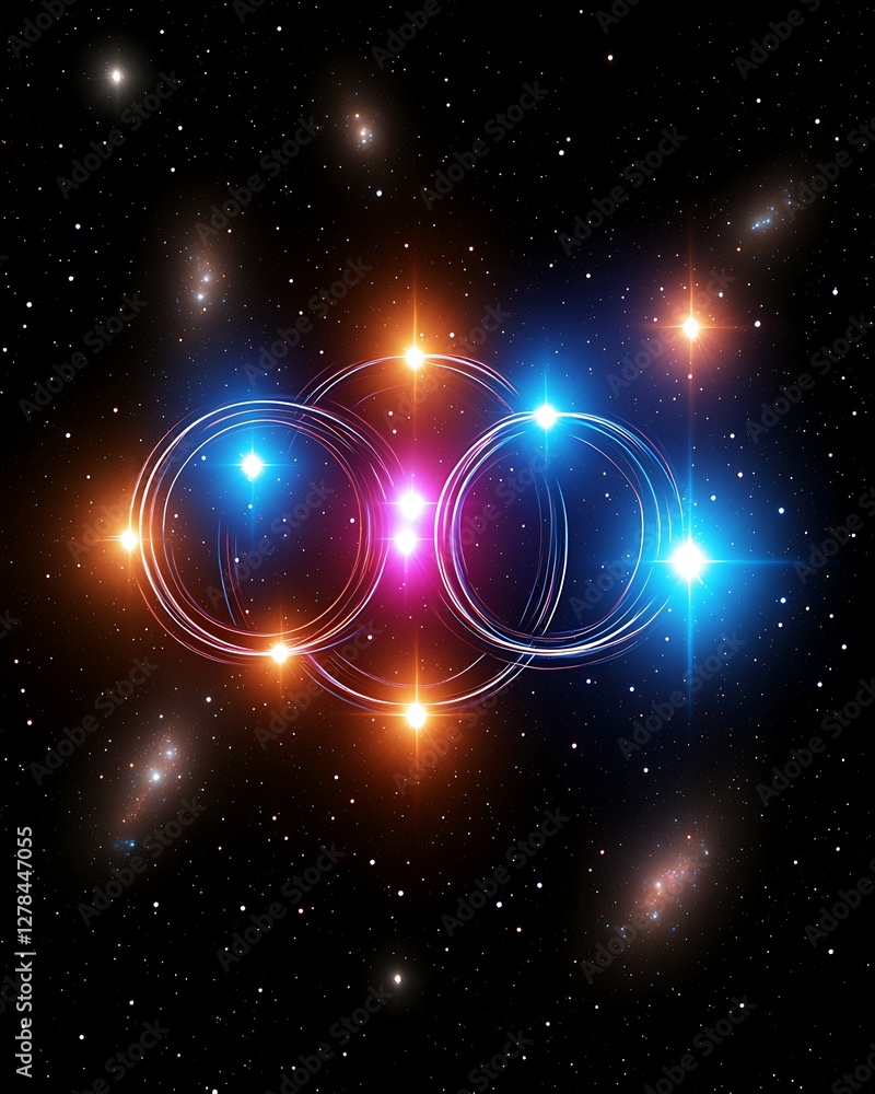 Poster colorful rings of light glow against a starry backdrop, creating a cosmic and abstract visual effect