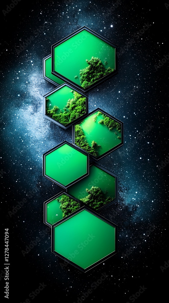 Poster abstract digital artwork featuring hexagonal shapes in vibrant green against a cosmic background, bl