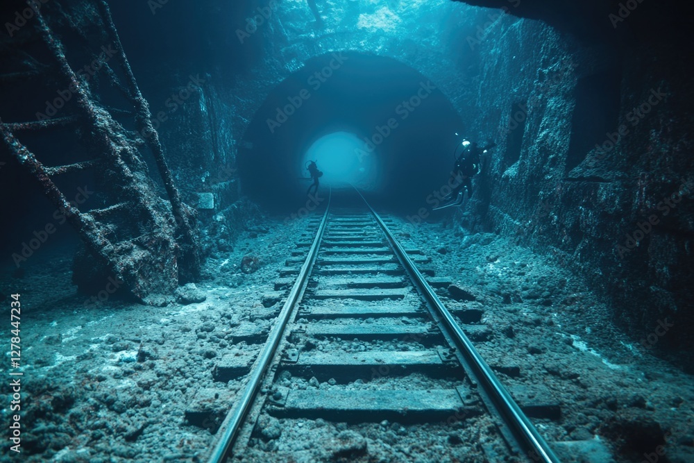 Poster a man stands on a train track in a dark tunnel