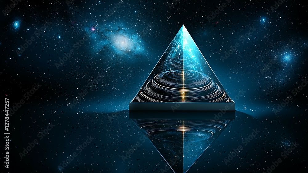Poster a luminous pyramid reflects in a cosmic scene, surrounded by stars and galaxies, creating a mystical