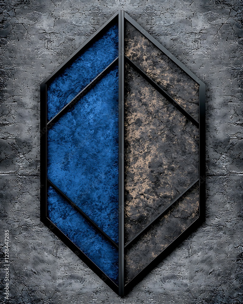 Poster abstract geometric design featuring a split color scheme of blue and gray, set against a textured ba