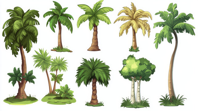 Collection of cartoon palm tree designs for video games. Different styles with bright green leaves, brown segmented trunks and coconut. Various shapes of tropical elements for tropical landscapes.