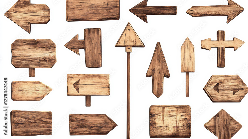 Poster realistic set of wooden sign posts isolated on transparent background. vector illustration of blank 